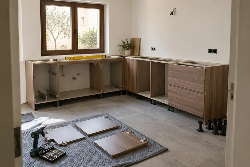 Visualización conceptual IA: Módulos de cocina en montaje con puertas pendientes de colocar.